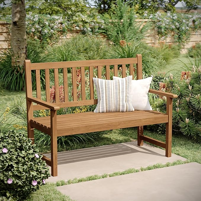 Flash Furniture Adele Commercial Indoor/Outdoor Acacia Wood Bench, 2-Person Slatted Patio Loveseat, for Use in Yard, Garden, Porch, or Park, Brown FlashFurniture
