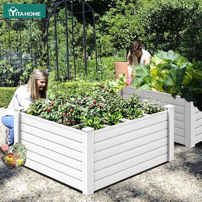 YITAHOME 4x4x2 FT Plastic Raised Garden Bed Kit, Large Outdoor Above Ground Planter Box with Growth Grid for Plants, Vegetables, and Flowers, Easy Installation, White YITAHOME