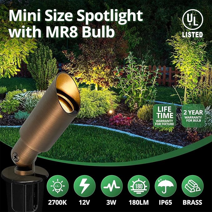 GKOLED 6 Pack Mini Size Brass Landscape Spotlight, Low Voltage 12V AC/DC Outdoor Directional Up Light, 180 LM, 3W MR8 LED Bulb ABS Ground Stake, 2700K Warm White, Garden Patio Trees Spot Uplight GKOLED