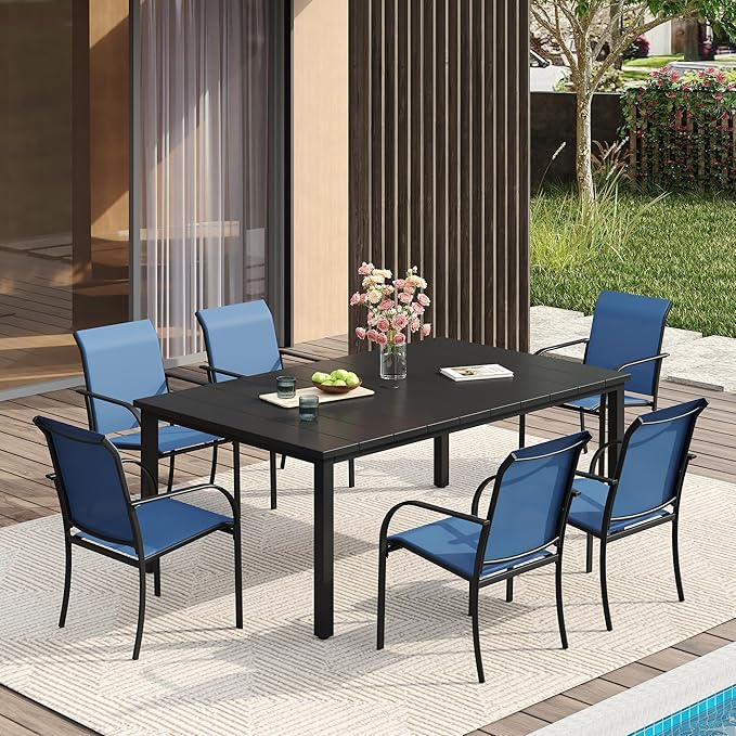 VICLLAX Patio Dining Set for 6, Outdoor Furniture Set Includes 63" Rectangle Patio Table and 6 Patio Stackable Chairs, Outdoor Table and Chairs for Outsides, Black Tabletop and Blue Fabric HOME