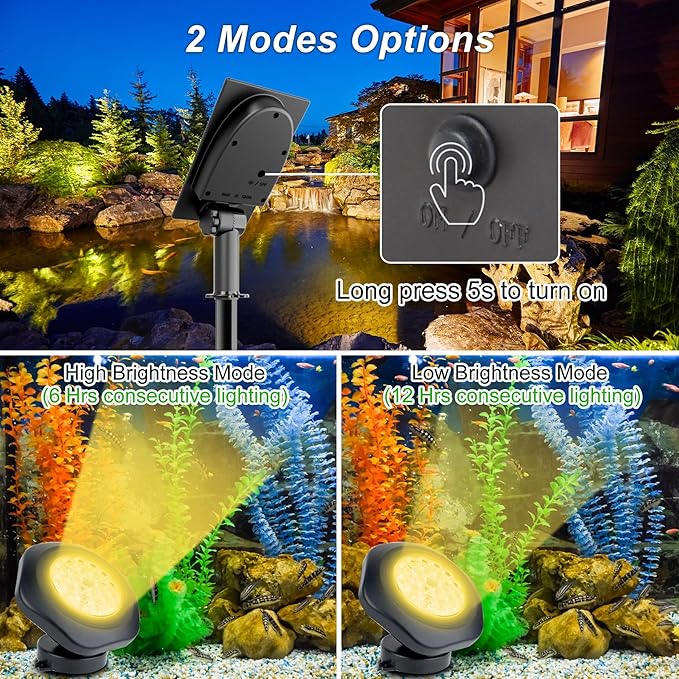 Solar Pond Lights,3000K Warm White LED Underwater Submersible Fountain Light,IP68 Waterproof Landscape Spotlights Lighting for Fish Aquarium Tank Garden Yard Pond Pool Decor(3-in-1) CREPOW
