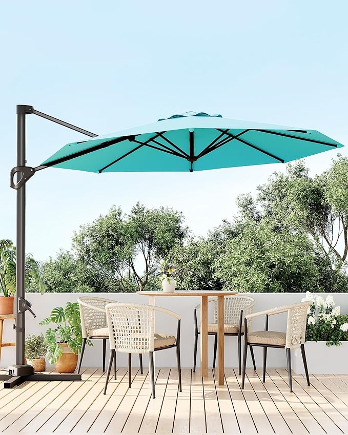 GarveeLife 10 ft Patio Umbrella Outdoor Large Cantilever Umbrella w/Base Included Market Sun Shade Windproof Offset Umbrella with 360-Degree Rotation for Garden Deck Pool Patio, Turquoise Blue GarveeLife