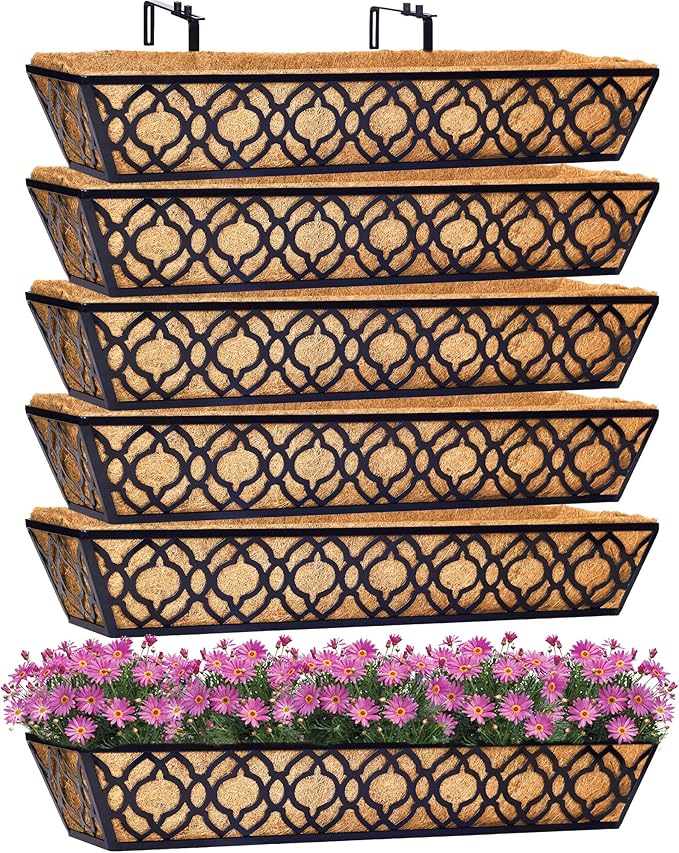 6pcs 30 Inch Window Deck with Coco Liner, 30" Window Boxes Horse Trough with Coconut Coir Liner, Metal Hanging Flower Planter Window Basket Deck Railing Planter Boxes for Outdoor Indoor Lawn LAWYAMAI