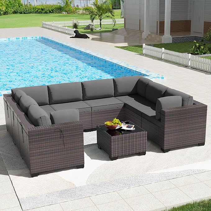 Kullavik 9 Pieces Outdoor Patio Furniture Set PE Wicker Rattan Sectional Sofa Patio Conversation Sets,Grey KULLAVIK