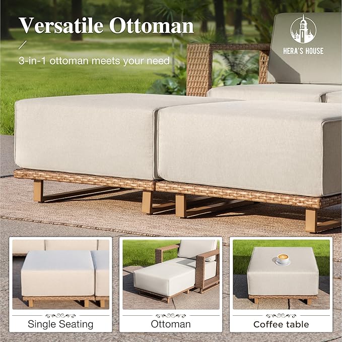 HERA'S HOUSE 8 Pieces Patio Furniture Set, 6 Sectional Outdoor Rattan Wicker Sofas with 2 Ottomans, All Weather Patio Conversation Set with 5.3" Widened Armrest, 10" Premium Ultra Thick Comfy Cushion HERASHOUSE