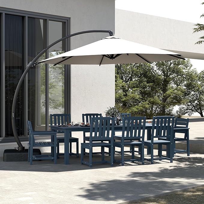 Navy Blue 9-Piece Outdoor Dining Set with Beige 11FT Cantilever Umbrella, 75.2'' HDPE Table & Chairs for 8, Weather-Resistant Furniture with Umbrella Hole for Patio, Lawn, Poolside PatioKingdom