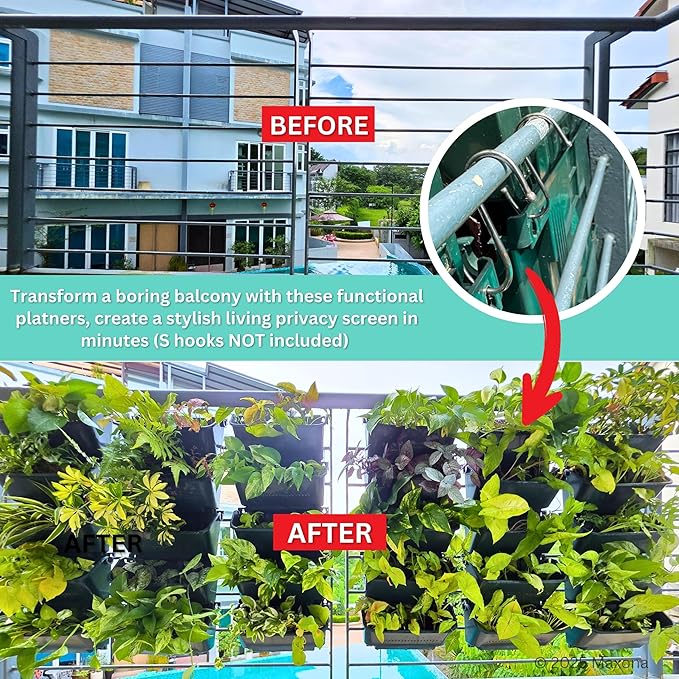Maxona Black Color Vertical Garden Planter - 4 Pack, 13 inch Wall Mounted Planter for Patio Outdoor Decor, Home Plastic Pot Balcony Plant Vegetable Fruit Herb Hanging Pocket Holder Flowerpot Maxona