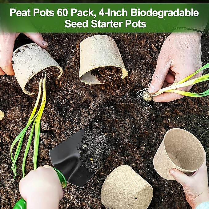Peat Pots, 60 Pack Plant Starter Round Nursery Pot with Drainage Holes, Garden Germination Seedling Pots with 30 Plant Labels (4 Inch) ARGCONNER