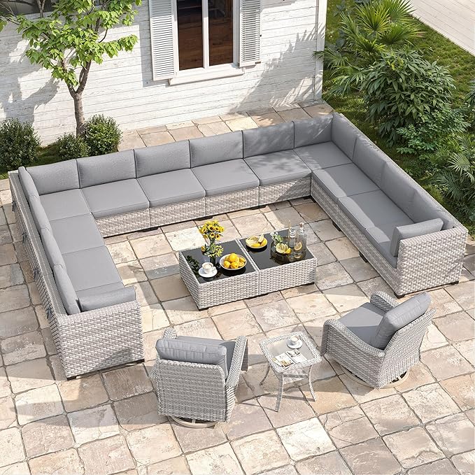 14-Seat Modern Patio Furniture Set with Swivel Rocking Chairs, Thick 4″ Cushions, Dual-Strand Wicker Rattan, Rust-Resistant Steel Frame – Outdoor Conversation & Modular Sectional,Gray MASIONBACKYARDS