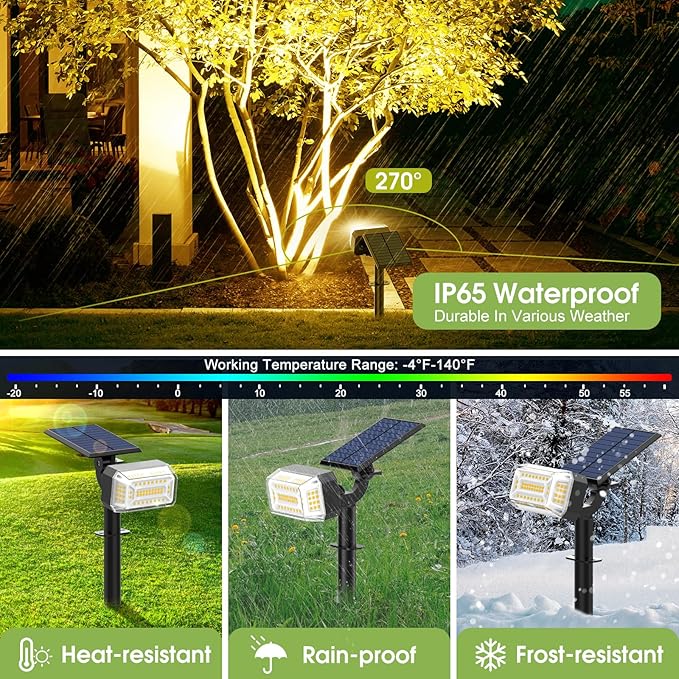 Solar Spot Lights Outdoor, 102 LED Solar Garden Yard Spotlight Waterproof Landscape Flood Powered Lights with Adjustable Light & Panel, 4 Lighting Modes for Pathway Driveway, 4 Pack(Warm White) WENATY