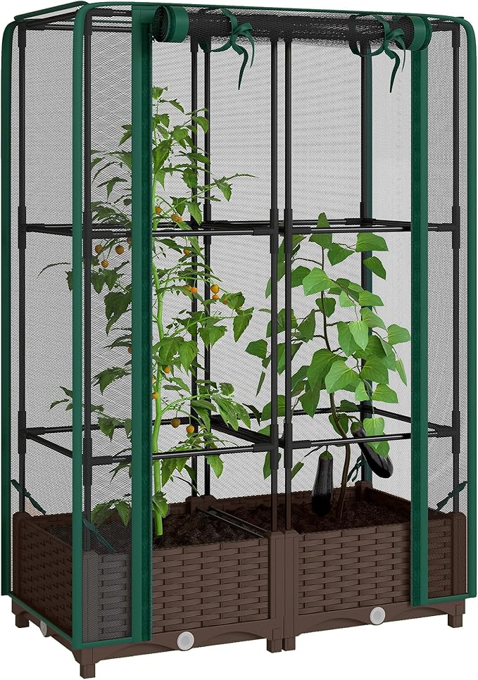 Outsunny Raised Garden Bed with Trellis, 46.5" Tomato Cage with Crop Cage, Self Watering Planter Box with Drainage Holes and Plugs for Outdoor Patio Climbing Plants, Vines, Vegetables, Flowers, Green Outsunny