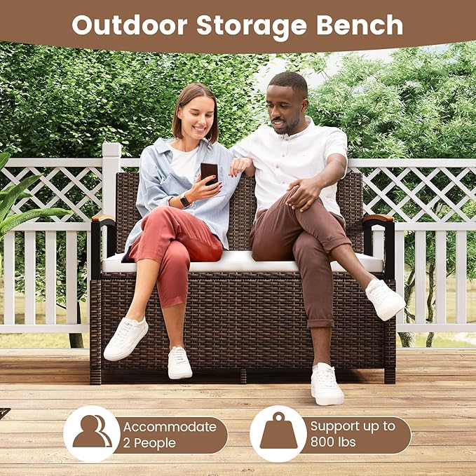 RELAX4LIFE Wicker Outdoor Storage Bench - Rattan Deck Box w/Protective Liner for Patio Furniture Pillows, Pool Supplies & Garden Tools, Porch Loveseat with Seat Cushion, Acacia Wood Armrests RELAX4LIFE