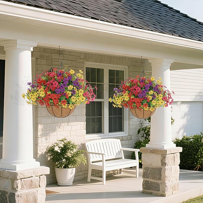 Senjie 2 Set Artificial Hanging Flowers with Basket for Outdoor Decor, UV Resistant 24 Bundles Faux Flowers Fake Hanging Planter for Porch Patio Balcony Senjie