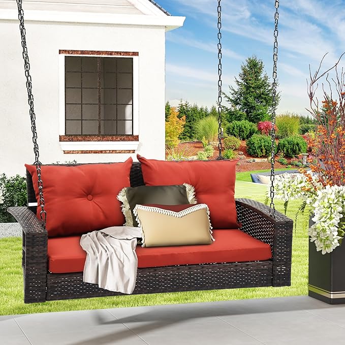DWVO Hanging Porch Swing Chair Outdoor Wicker Rattan Patio Swing Lounge 2 Seats Cushions Capacity 530lbs for Balcony, Garden, Living Room, Brown Rattan Red Cushion DWVO