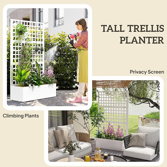 Outsunny Galvanized Raised Garden Bed with Trellis, Metal Planter Box with Drainage Holes, Outdoor Privacy Screen for Climbing Plants, Vegetable, Vines, 43" x 16" x 70", White Outsunny
