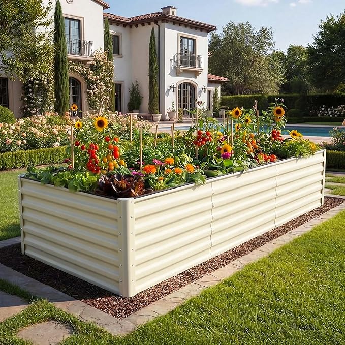 YITAHOME 8x4x2ft Large Raised Garden Bed Kit, Galvanized Metal Planter Box with Gloves, Support Rod & Safety Rubber, Outdoor Above Ground Planters for Plants Vegetables Flowers, Cream Yellow YITAHOME