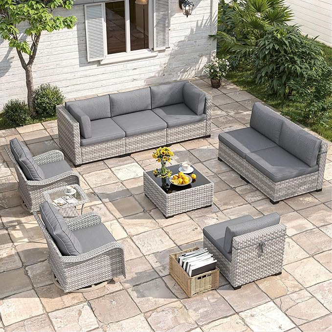 8-Seat Modern Patio Furniture Set with Swivel Rocking Chairs, Thick 4″ Cushions, Dual-Strand Wicker Rattan, Rust-Resistant Steel Frame – Outdoor Conversation & Modular Sectional,Black MASIONBACKYARDS