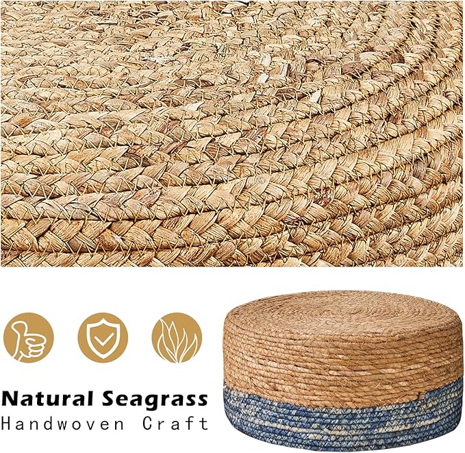 Wimarsbon Round Foot Stool Natural Seagrass Poufs Ottoman Hand Weave Footrest Stool for Couch Desk Extra Seat Step Stool with Solid Wood Legs for Hallway Patio Lounge Blue Wimarsbon