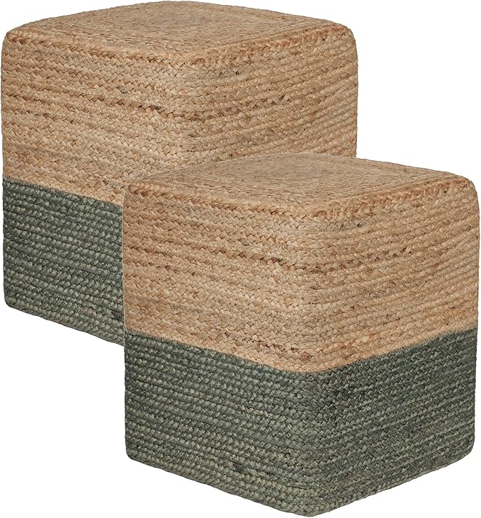 REDEARTH · Cube Pouf Foot Stool Ottoman - Jute Braided Pouffe Poof Accent Sitting Footrest for The Living Room, Bedroom, Nursery, Patio, Lounge - Set of 2 (14.5”x14.5”x16”; Natural Olive) REDEARTH