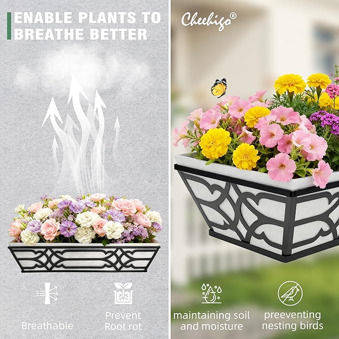 4 Pack 24 Inch Railing Boxes Planter for Outdoor Plants Adjustable Brackets for Porch Fence and Balcony Window Planter Box with Non-Woven Fabric Liner for Hanging Flower Baskets cheehigo