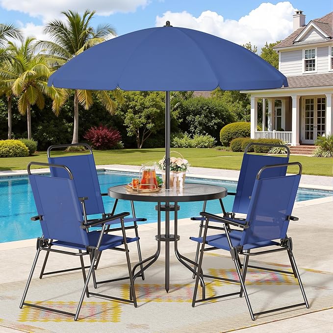 Shintenchi 6 Piece Patio Dining Set with Umbrella, Outdoor Furniture Set with 4 Folding Chairs and Tempered Glass Top Dining Table fot Lawn Backyard Garden Porch Blue Shintenchi