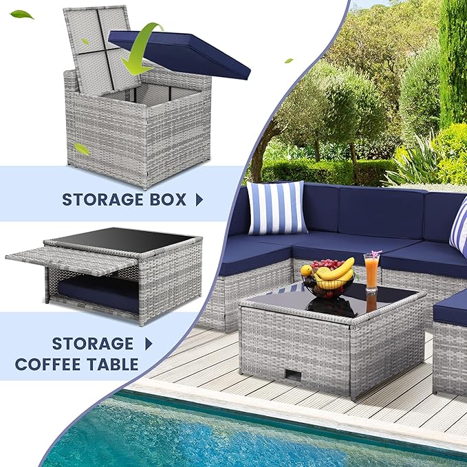 8-Piece Patio Furniture Set, Outdoor Wicker Rattan Sectional with Thick Cushions, Glass Top Table with Hidden Storage, Outdoor Conversation Set for Backyard, Porch, Patio, Blue KROFEM