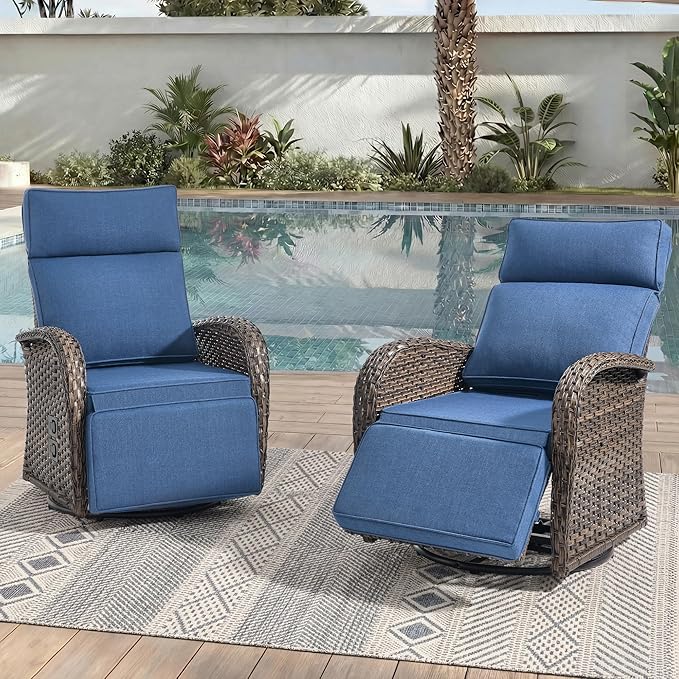 Zero Gravity Patio Swivel Rocking Recliner Chairs Set of 2 - Wicker Outdoor Lounge Chair with Adjustable Backrest & Footrest, All Weather Reclining Rocker Chairs with Thick Cushion for Pool Deck Blue JelwalyPatioFurnitureSet