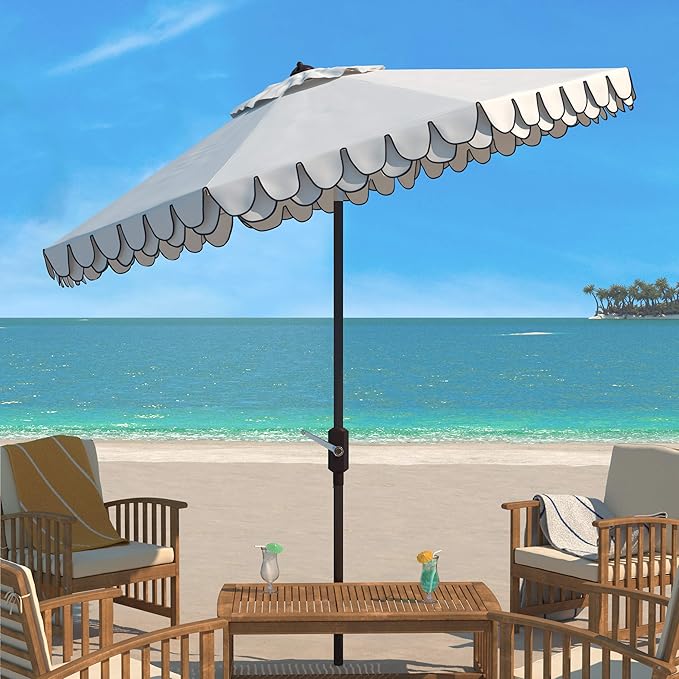 SAFAVIEH 9ft Outdoor Patio Umbrella, Round, Valance, Ivory & Navy Trim, Auto Crank Tilt, UV Resistant for Deck, Backyard, Poolside (PAT8006F) SAFAVIEH