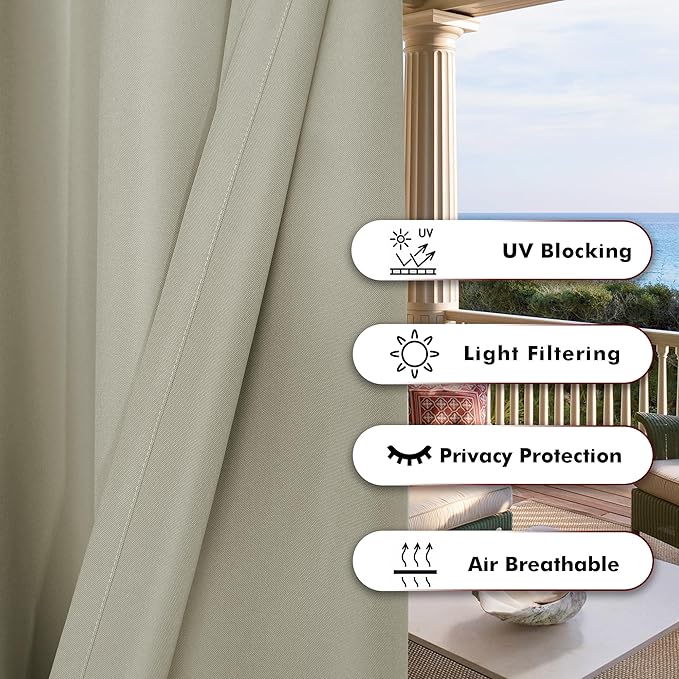 BONZER Waterproof Indoor/Outdoor Curtains for Patio Thick Privacy Wide Grommet Curtains for Bedroom, Living Room, Porch, Pergola, Cabana, 1 Panel, 110W x 108L inch, Taupe Bonzer