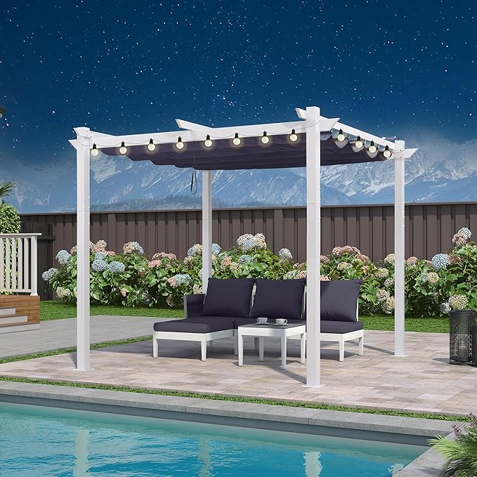 PURPLE LEAF 10' x 10' Outdoor Aluminum Pergola White Heavy-Duty Retractable Pergolas Patio Metal Pergola with Double Sun Shade Canopy and Light for Backyard Gardens Deck, Navy Blue Rootora