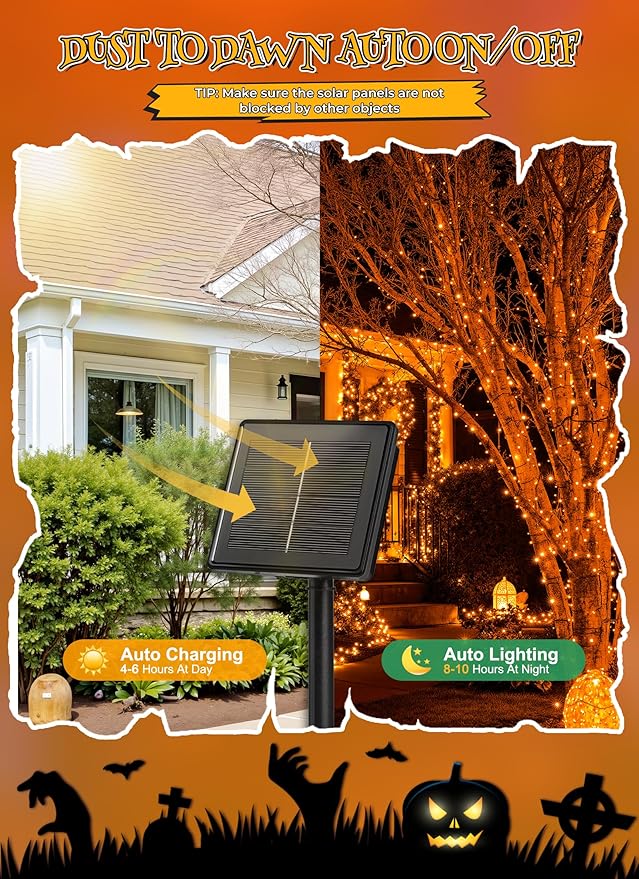 Brightown 4 Pack Solar Halloween Lights, Total 184FT 480 LED Solar String Lights Outdoor Waterproof Black Wire with 8 Modes, Solar Fairy Light for Garden Yard Patio Party Decors, Orange Brightown