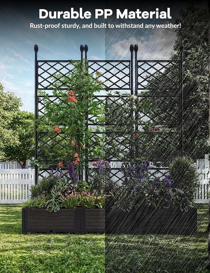 GAOMON 3 PCS Raised Garden Bed with Trellis - 50 in W x 63" Tall Plastic Planter Box for Climbing Plants, Outdoor Vertical Garden with Privacy Screen for Patio, Balcony, Backyard GAOMON