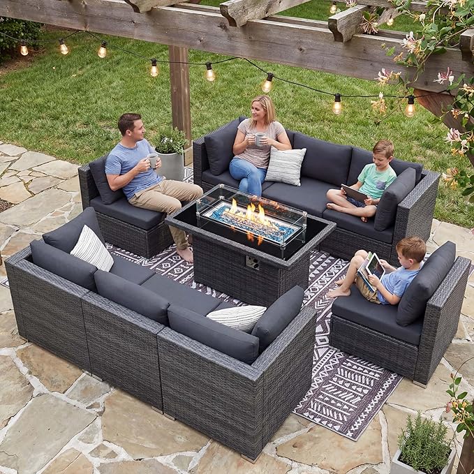 NICESOUL 9 Piece Modern Oversized Outdoor Patio Furniture Set with Firepit Table Propane/Natural Gas, 29.3'' High Back Deep Wide Conversation, Luxury 8 Seats Modular Sectional for Backyard, Gray NICESOUL