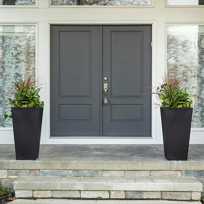 Step2 Tremont Tall Square Tapered Planter, Large Planters for Outdoor Plants, Gardening and Flower Pot for Patio or Porch, Efficient Drainage, Durable Plastic, Onyx Black, 2-Pack Step2