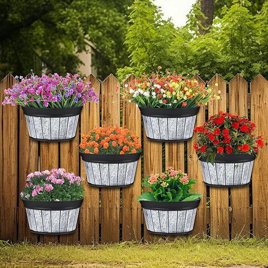 Layhit 6 Pcs Wall Hanging Planters Outdoor Pot Planter Wine Barrel Planter Distressed Oak Thickened Plastic Water Storage Flower Pots for Flower Indoor Outdoor(12 Inches,Wood White) ShungLan