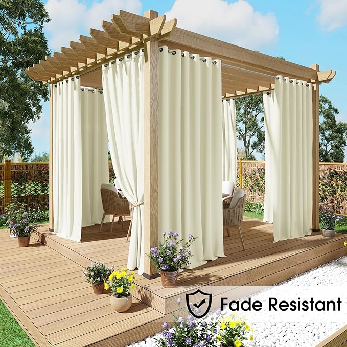 NICETOWN Fade Resistant Outdoor Curtains for Patio Waterproof 2 Panels, UV Protection Grade 4 Lightfastness Fade-Proof & Blackout Drapes for Deck, Porch, Gazebo, Light Beige, W52 x L96 Each Panel NICETOWN