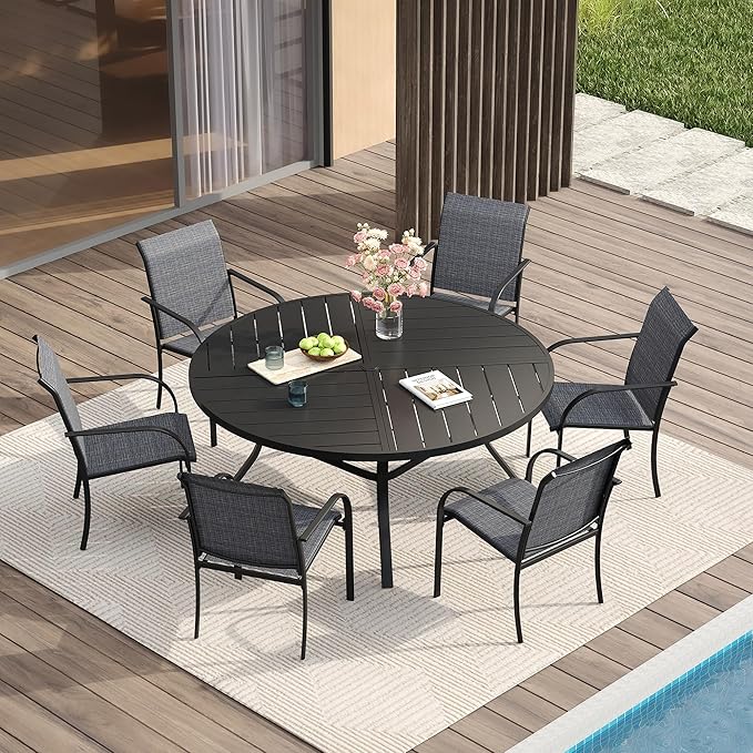 VICLLAX Patio Table and Chair Set of 6, All Weather Metal Round Outdoor Dining Furniture Set-50 Round Outdoor Table and Chairs, Black Tabletop HOME