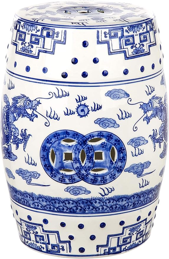 SAFAVIEH Castle Gardens Collection – Dragon’s Breath Blue Glazed Ceramic Chinoiserie Indoor/Outdoor Garden Stool (ACS4554A) SAFAVIEH