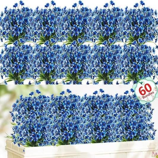 60 Pack Artificial Flowers for Outdoor Indoor Fake Plants, Faux Silk Flowers for Outdoors Outside Front Porch Hanging Planter Window Box Garden Spring Decoration(Blue) Powbrace