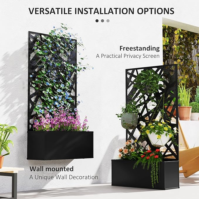 Outsunny Metal Raised Garden Bed with Trellis for Climbing Plants, Freestanding or Wall Mounted Flower Bed with Privacy Panel, Leaves Cut-Outs Outdoor Planter Box for Garden, Patio, Balcony Outsunny