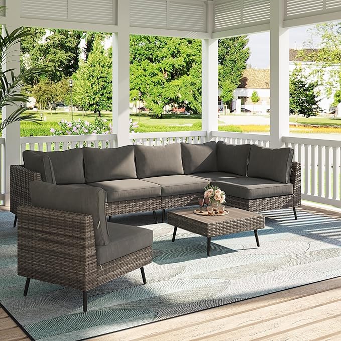 LAUSAINT HOME Outdoor Patio Furniture, 7 Piece Outdoor Sectional Sofa PE Rattan Wicker Patio Conversation Sets, All Weather Patio Furniture Set with Thick Cushions for Garden, Backyard (Grey) LAUSAINTHOME