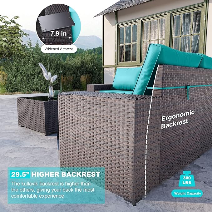 Kullavik 6PCS Outdoor Patio Furniture Set PE Wicker Rattan Sectional Sofa Patio Conversation Sets,Blue KULLAVIK