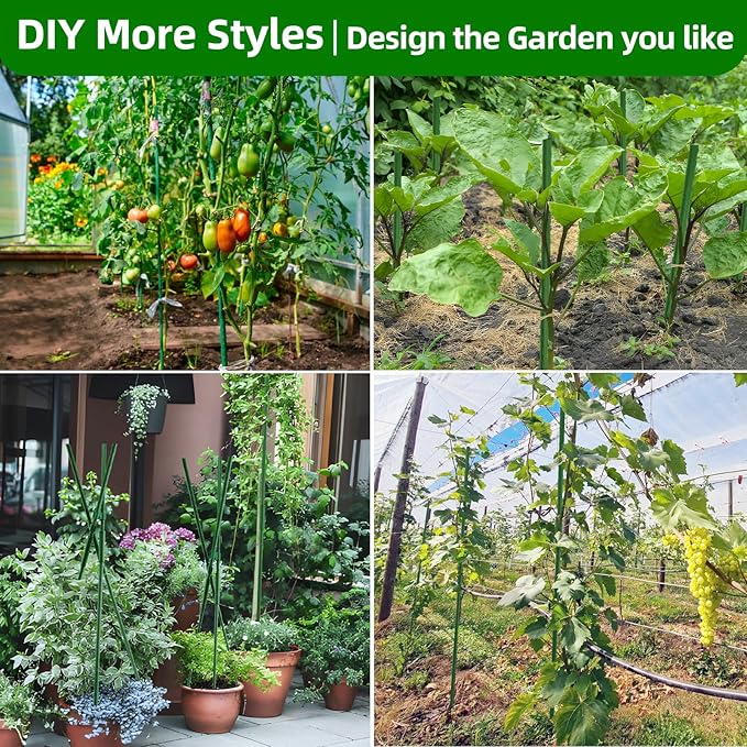 Garden Stakes 16 Inch 30 Pack, Diy 4ft 5ft 6ft 7ft 8ft Tomato Stakes Plastic Coated Metal Plant Sticks Stakes Supports with 20 Connectors 15 Rotatable Clips for Indoor Outdoor Plants Vegetable Fabulas