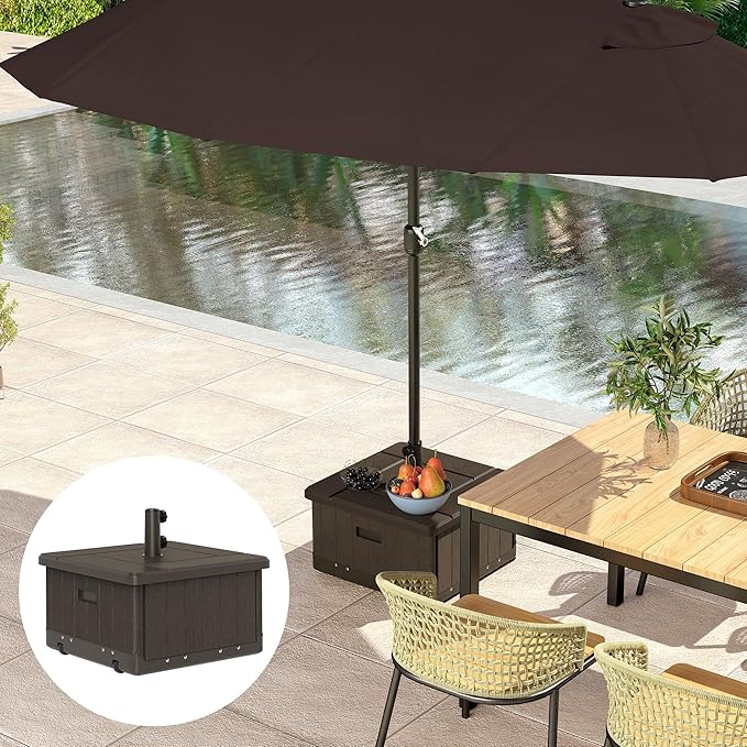 Outsunny 3-in-1 Outdoor Umbrella Base, Coffee End Table, Planter Box with Drain Hole, 175 lbs. Capacity Heavy Duty Fillable Patio Umbrella Stand Table with Wheels and Handles for Deck, Poolside, Brown Outsunny