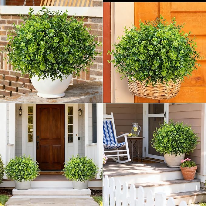Artificial Faux Outdoor Plants for Spring Summer Decoration, 12 Bundles Fake Plastic Eucalyptus UV Resistant Look Real Fake Plants for Planter Outside Front Door Porch Patio Balcony Garden Indoor Yard Ivydale