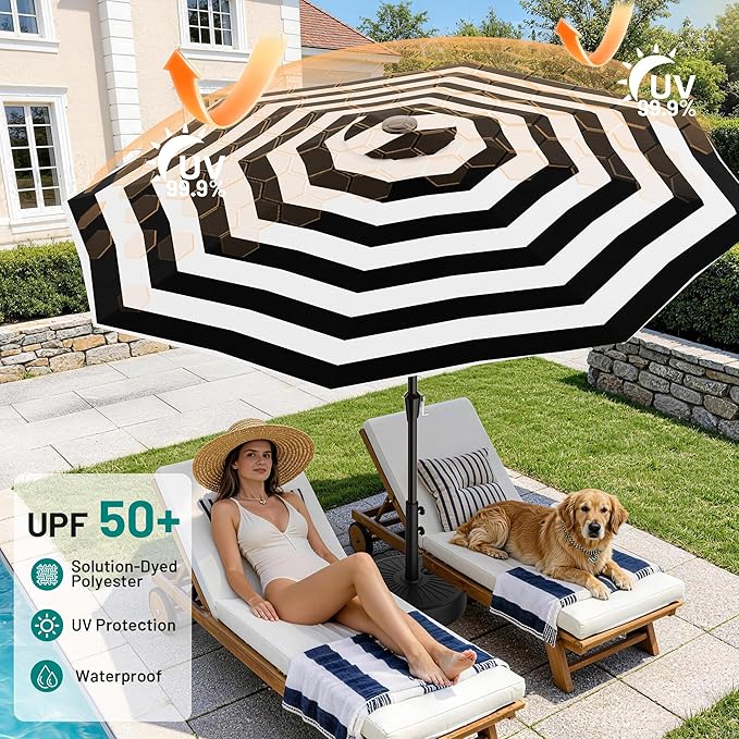 AreShark 9 FT Patio Umbrella for Outdoor, Outdoor Table Umbrella with Push Button Tilt and Crank, Outdoor Patio Umbrellas with 8 Sturdy Ribs for Market, Garden, Pool (Black & White Stripe) Rootora