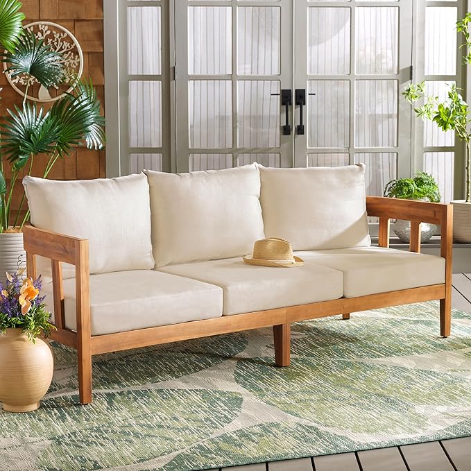 SAFAVIEH Outdoor Collection Owen Acacia Solid Wood Natural/Taupe Cushion 3-Seater Sofa SAFAVIEH