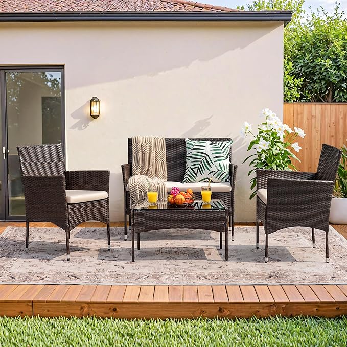 Homall 4 Pieces Outdoor Patio Furniture Sets Rattan Chair Wicker Set,Outdoor Indoor Use Backyard Porch Garden Poolside Balcony Furniture (Brown and Beige) Homall