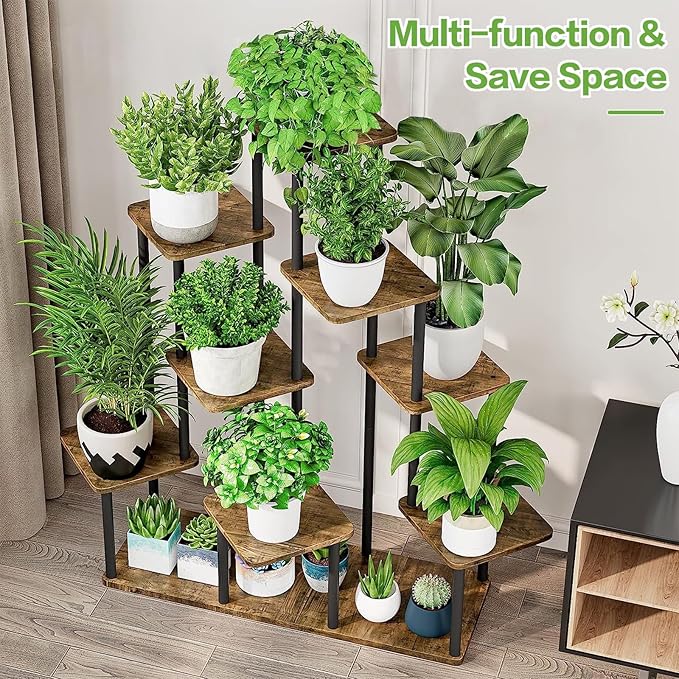 9 Tier Wood Tall Plant Stand Metal Rack Indoor, Multiple Flower Pot Holder Shelves Corner Rack, Planter Shelf Display Rack Storage Organizer for Patio Living Room Balcony Garden(Black) YOCOMEY