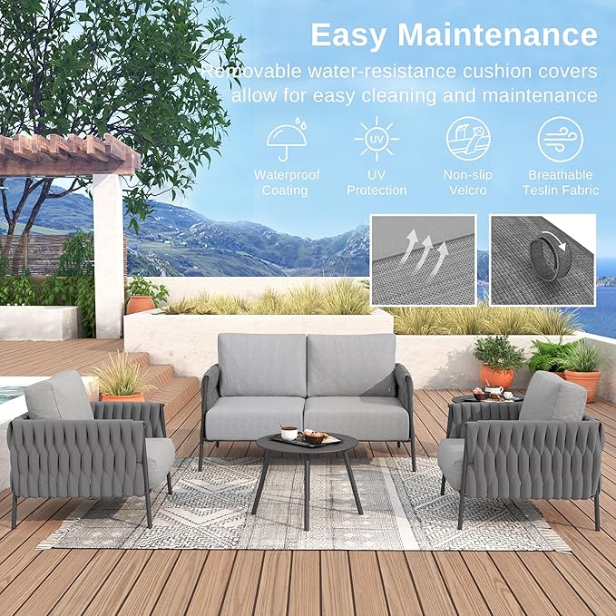 EAST OAK Life Chatter 4 Pieces Patio Furniture Set, Outdoor Furniture with Coffee Table, Patio Conversation Set Deep Seating with Thick Cushion, Backyard Porch Balcony, Earth Black & Misty Grey EASTOAK